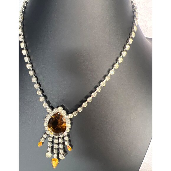 Vtg Rhinestone Bib Necklace Amber Glass Centerpiece Dangling Drops 16" Statement - Picture 1 of 6